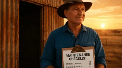 A farmer standing beside a rusted shed, holding a clipboard with a maintenance checklist, sunrise over the outback farm. Alt: Assessing rural property maintenance needs checklist