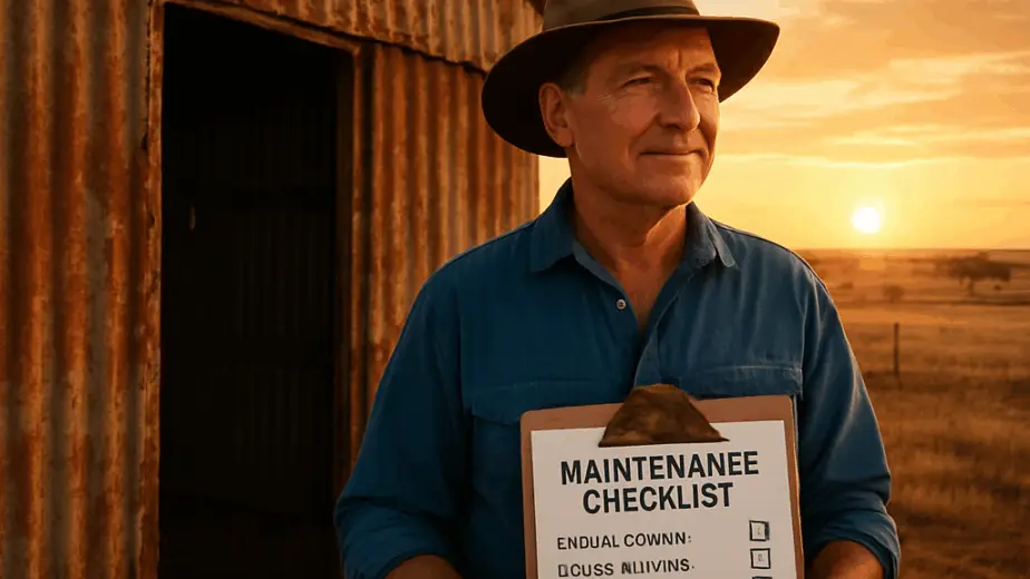 A farmer standing beside a rusted shed, holding a clipboard with a maintenance checklist, sunrise over the outback farm. Alt: Assessing rural property maintenance needs checklist