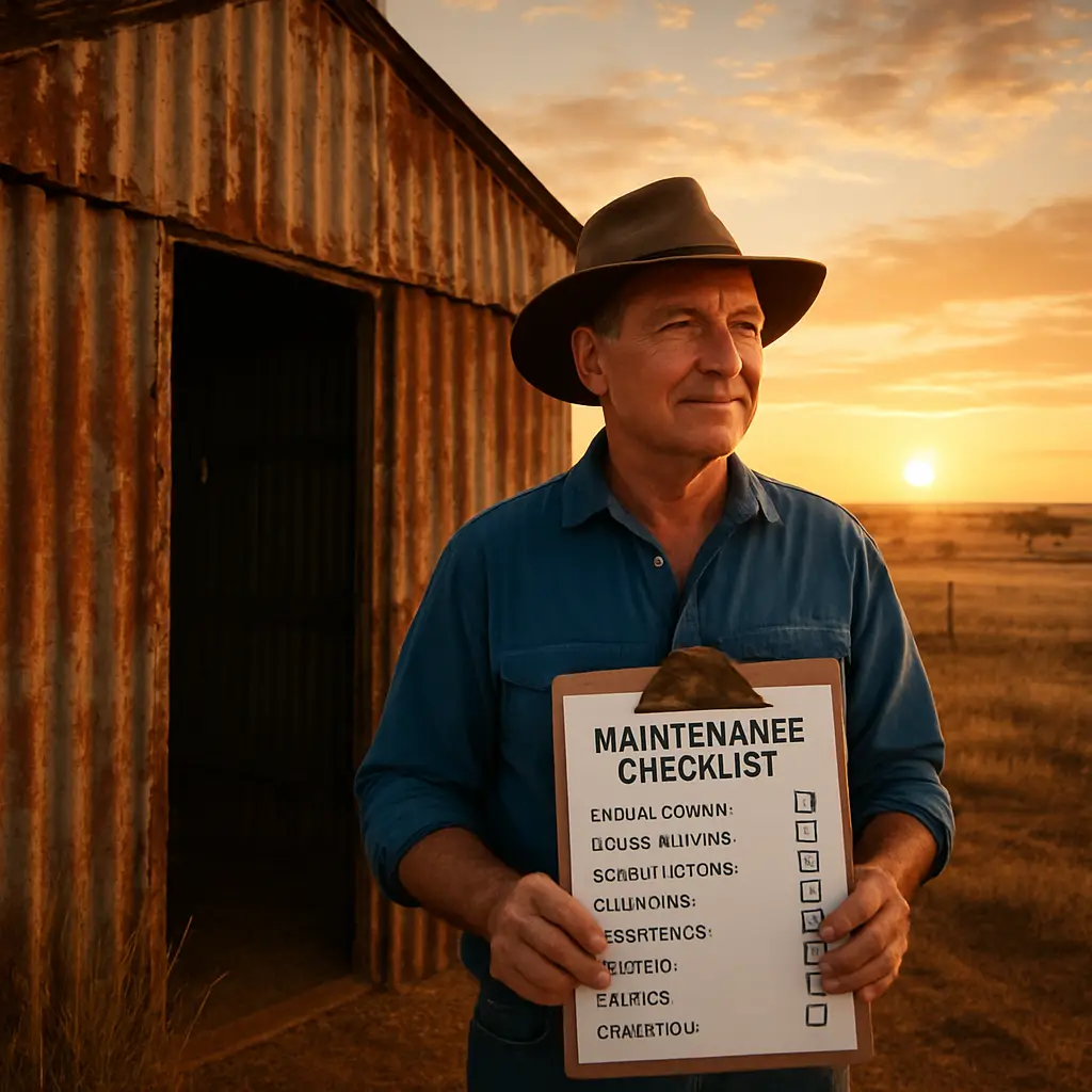 A farmer standing beside a rusted shed, holding a clipboard with a maintenance checklist, sunrise over the outback farm. Alt: Assessing rural property maintenance needs checklist