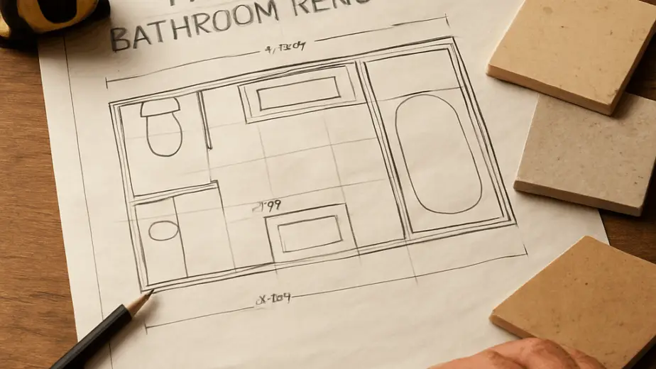 A realistic illustration of a farmhouse bathroom renovation plan laid out on a wooden table, with tape measure, sketch paper, and sample tile swatches. Alt: Detailed farm bathroom renovation planning scene for bathroom renovations Tamworth.