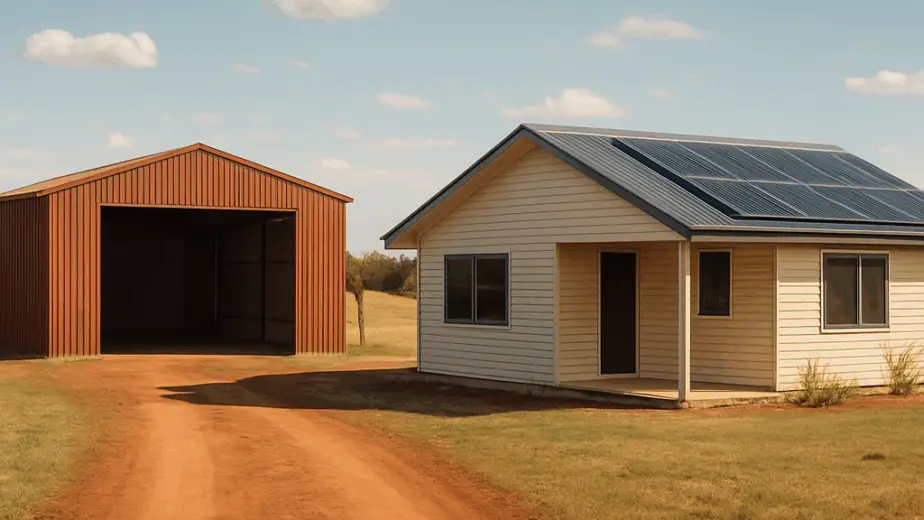 A sunny rural property with a newly built secondary dwelling beside a red‑soil shed, showing a clear access lane and solar panels on the roof. Alt: secondary dwelling planning rural NSW