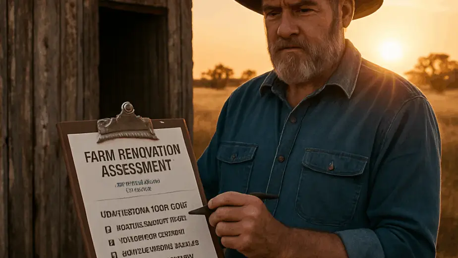 A farmer standing beside a weathered shed, holding a clipboard with a checklist, sun low on the horizon, illustrating the assessment phase of a farm renovation. Alt: farm renovation assessment checklist on rural property