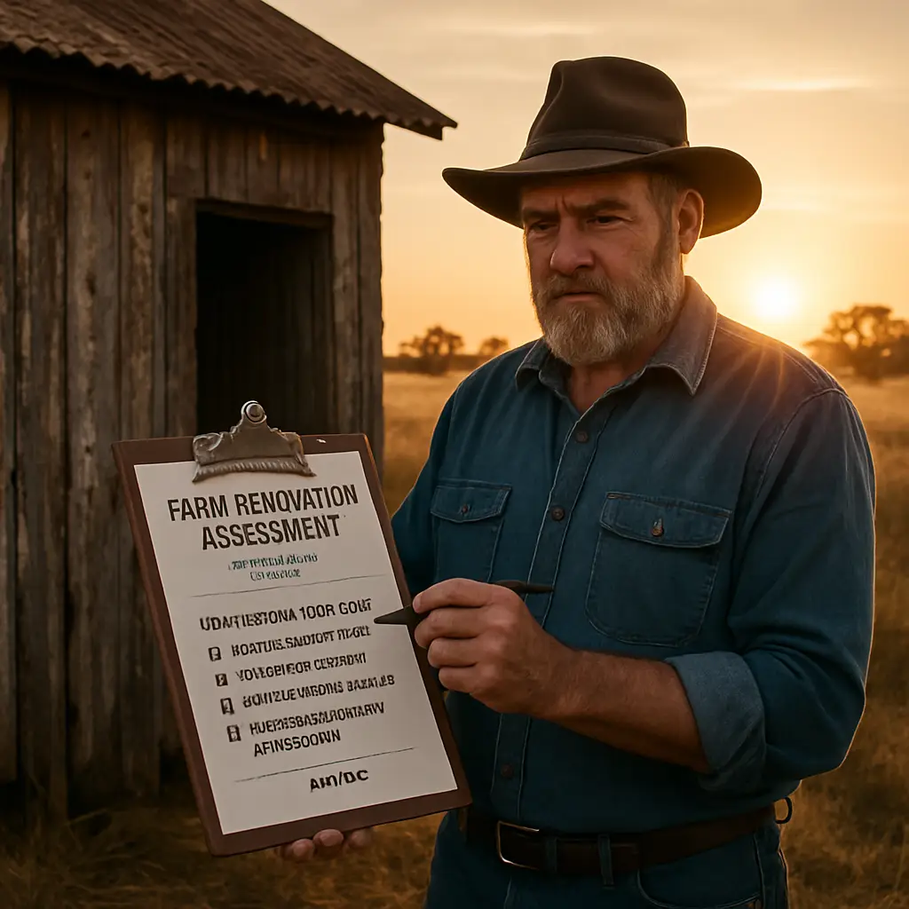 farm-renovation-builder-nsw-a-practical-guide-for-rural-property-owners-1 - Awesim A farmer standing beside a weathered shed, holding a clipboard with a checklist, sun low on the horizon, illustrating the assessment phase of a farm renovation. Alt: farm renovation assessment checklist on rural property