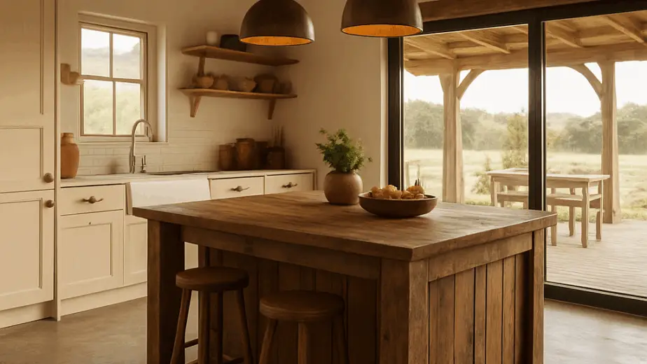 A warm, open‑plan farmhouse kitchen with a reclaimed timber island, concrete flooring, and large sliding doors opening to a covered patio. Alt: Open‑plan rustic farmhouse kitchen renovation ideas.