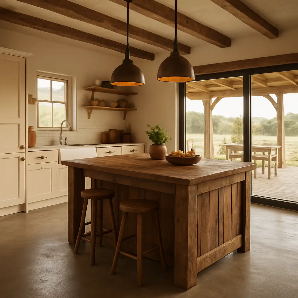 A warm, open‑plan farmhouse kitchen with a reclaimed timber island, concrete flooring, and large sliding doors opening to a covered patio. Alt: Open‑plan rustic farmhouse kitchen renovation ideas.