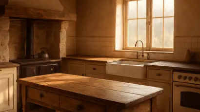 A warm farmhouse kitchen with reclaimed timber beams, a stone hearth and a rustic wooden workbench, early morning light spilling over the countertop. Alt: farmhouse kitchen renovations nsw layout heritage budget