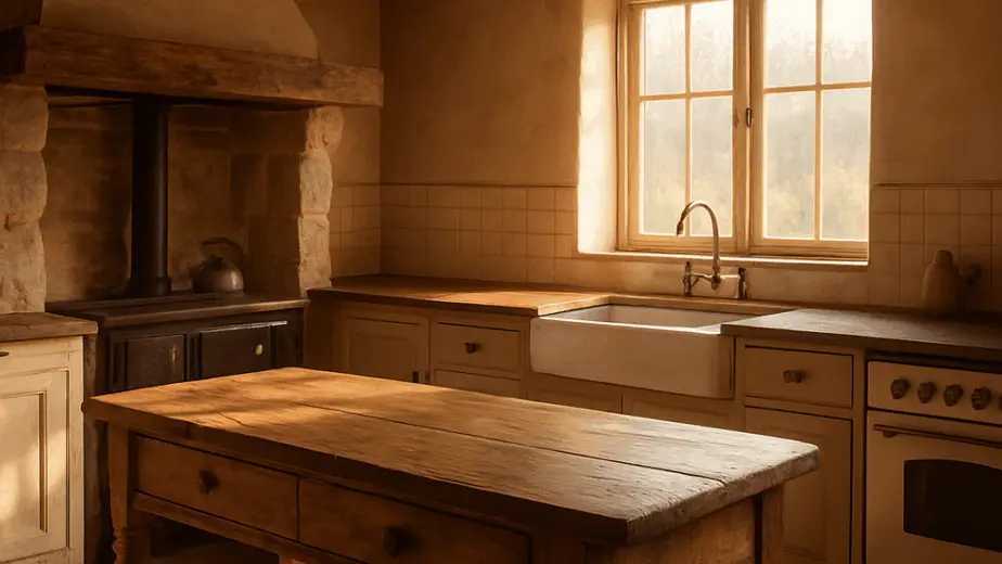 A warm farmhouse kitchen with reclaimed timber beams, a stone hearth and a rustic wooden workbench, early morning light spilling over the countertop. Alt: farmhouse kitchen renovations nsw layout heritage budget