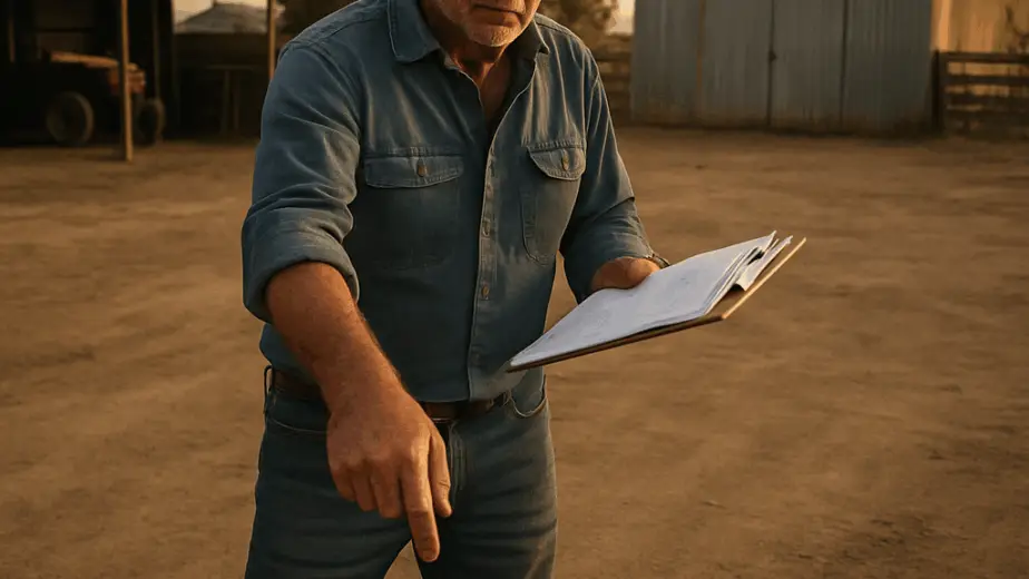A farmer standing on a dusty farmyard, holding a clipboard and pointing to a marked spot on the ground. Alt: Rural property assessment for building projects, showcasing site inspection and planning.