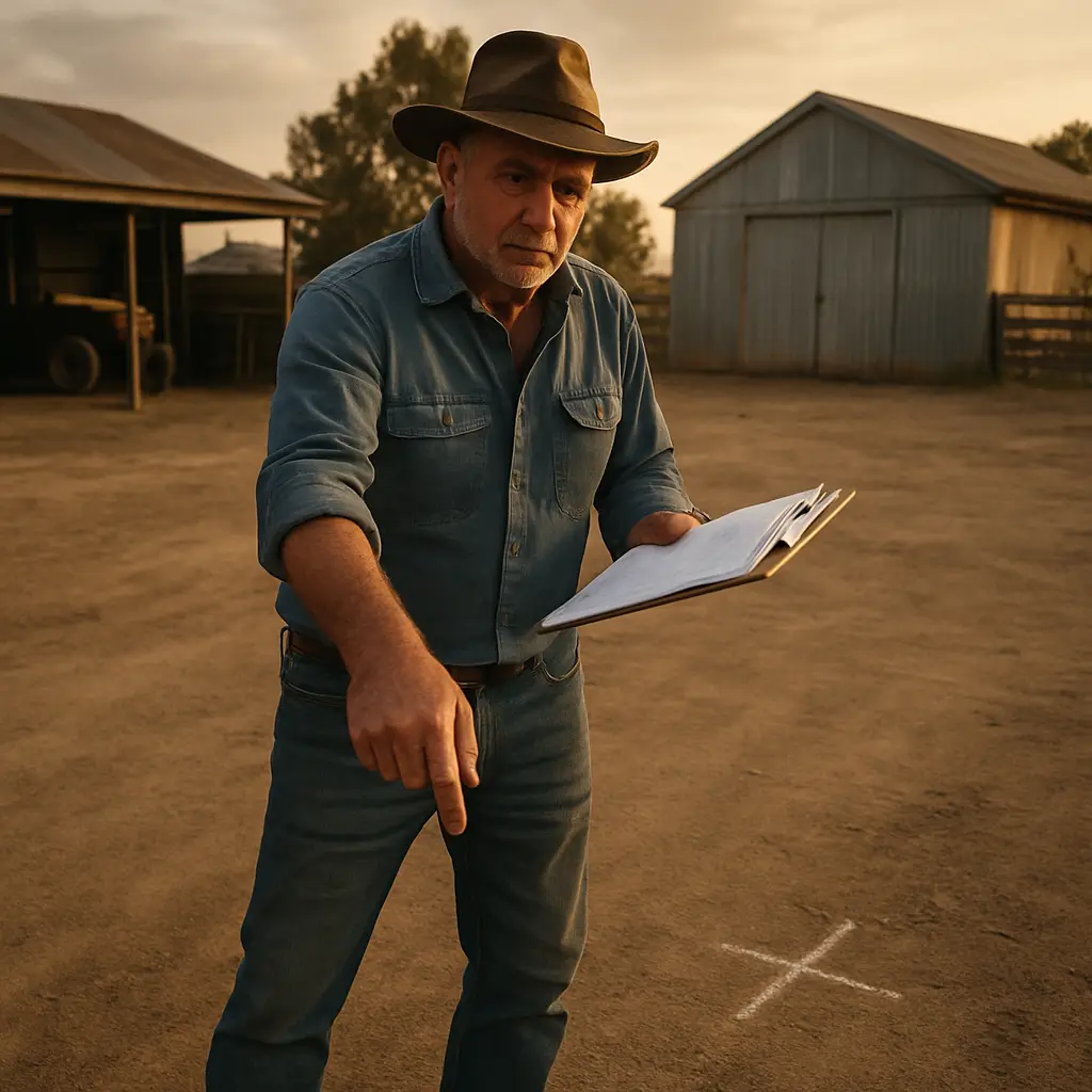 finding-a-reliable-rural-builder-in-tamworth-for-your-farm-projects-1 - Awesim A farmer standing on a dusty farmyard, holding a clipboard and pointing to a marked spot on the ground. Alt: Rural property assessment for building projects, showcasing site inspection and planning.