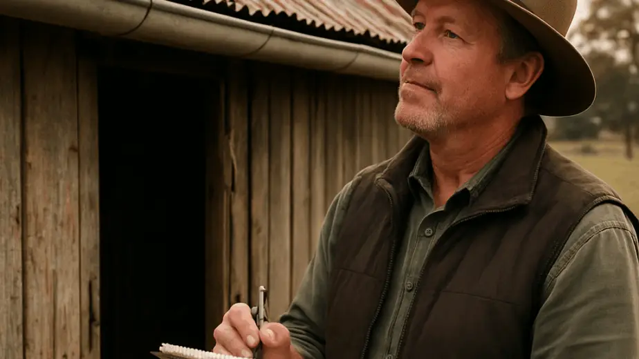 A farmer standing beside a weathered barn, inspecting roof panels and gutters with a notebook in hand. Alt: rural property maintenance assessment checklist on farm property.
