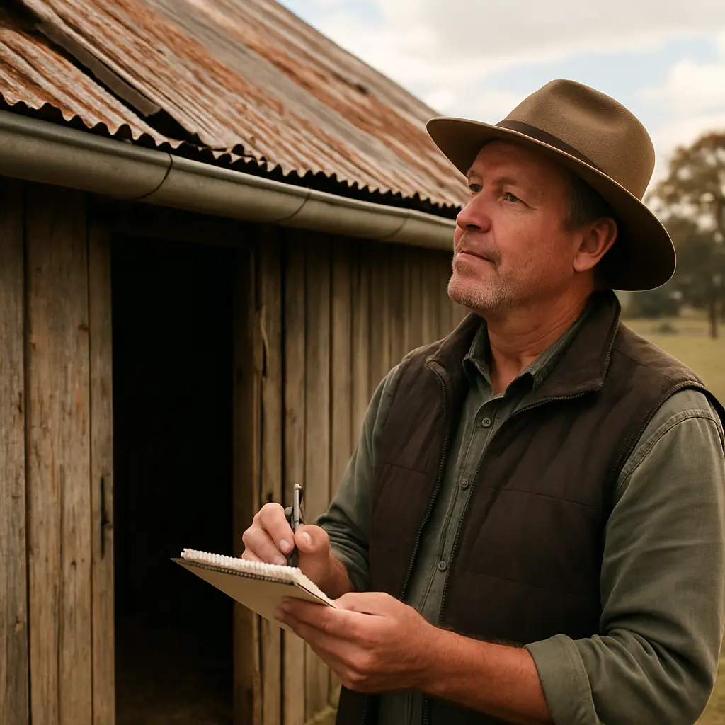 A farmer standing beside a weathered barn, inspecting roof panels and gutters with a notebook in hand. Alt: rural property maintenance assessment checklist on farm property.