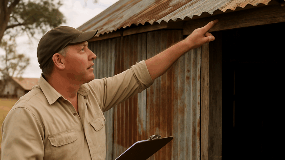 A farm property with a contractor inspecting a shed, highlighting structural issues. Alt: Assess farm property needs for rural building contractor