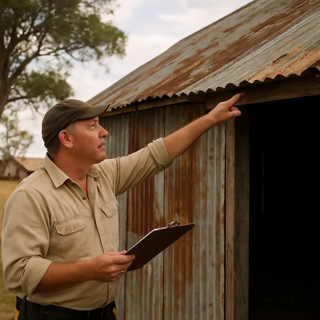 A farm property with a contractor inspecting a shed, highlighting structural issues. Alt: Assess farm property needs for rural building contractor