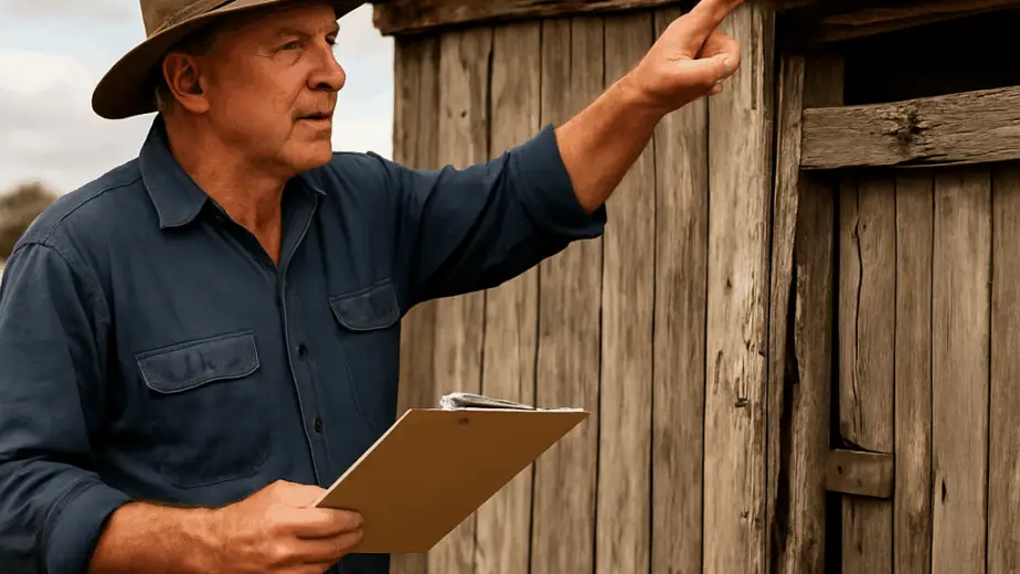 A farmer standing beside a weather‑worn shed, holding a clipboard and pointing at roof damage. Alt: Assessing rural building renovations Tamworth NSW for budget planning.