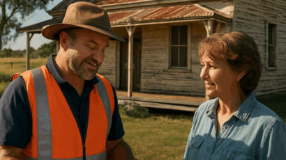 A sunny rural homestead with a builder reviewing plans on a clipboard beside a weathered farmhouse, showcasing the planning stage of a renovation. Alt: rural renovations planning stage with builder and homeowner reviewing layout on farm.