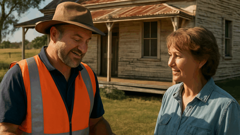 A sunny rural homestead with a builder reviewing plans on a clipboard beside a weathered farmhouse, showcasing the planning stage of a renovation. Alt: rural renovations planning stage with builder and homeowner reviewing layout on farm.
