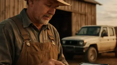 A farmer reviewing renovation plans on a tablet beside a barn, with a 4x4 truck in the background. Alt: rural builder planning farm renovation