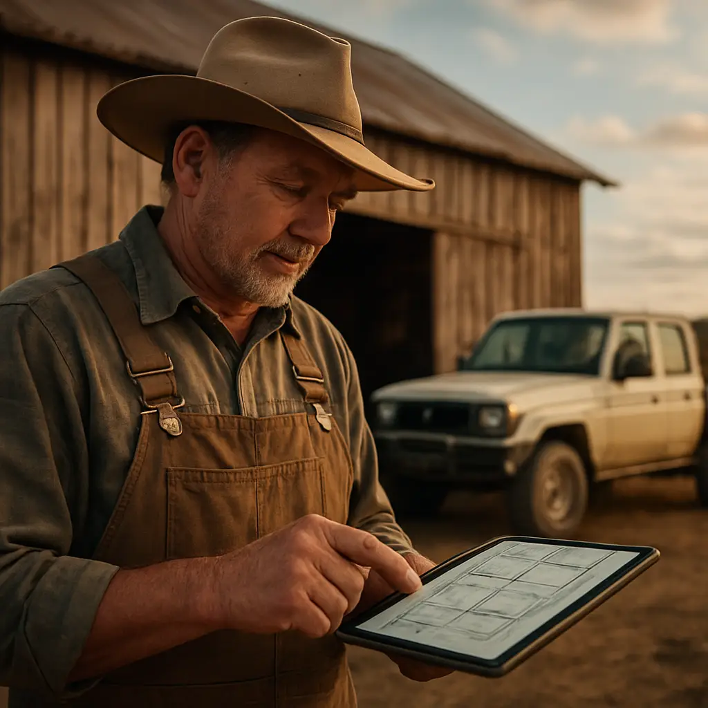 what-a-rural-builder-can-do-for-your-nsw-farm-renovation-1 - Awesim A farmer reviewing renovation plans on a tablet beside a barn, with a 4x4 truck in the background. Alt: rural builder planning farm renovation