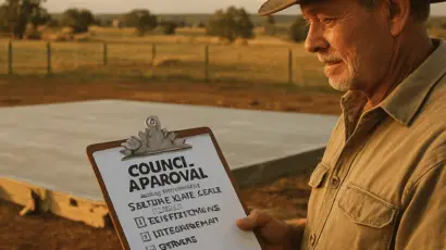 A seasoned builder reviewing council paperwork beside a newly poured concrete slab on a rural NSW farm. Alt: Rural building regulations compliance checklist on site.