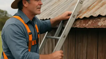 A farmer inspecting a barn roof from a ladder, showing close‑up of rusted flashing and a safety harness. Alt: barn roof repair safety inspection, farmer on ladder, rusted flashing, rural NSW.