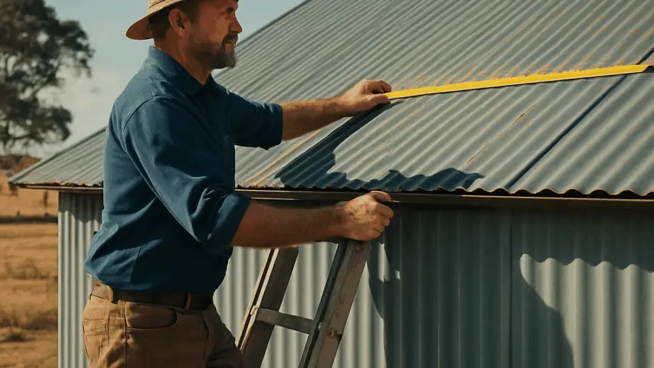 A farmer standing on a ladder, measuring a Colourbond barn roof with a tape measure, sunny outback landscape. Alt: Measuring barn roof for replacement cost assessment.