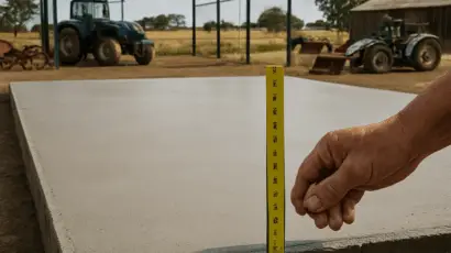 A clear aerial view of a freshly poured concrete slab with a measuring tape indicating thickness, surrounded by farm equipment and a shed frame in the background. Alt: Assessing load requirements for concrete slab thickness for shed