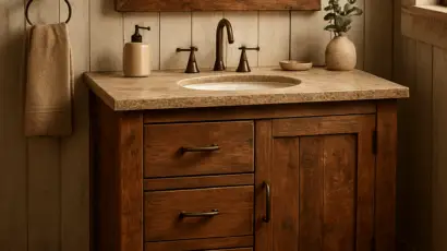 A rustic timber vanity with reclaimed wood, brushed bronze hardware, and a stone countertop in a country bathroom. Alt: Rustic timber vanity for country bathroom renovation ideas