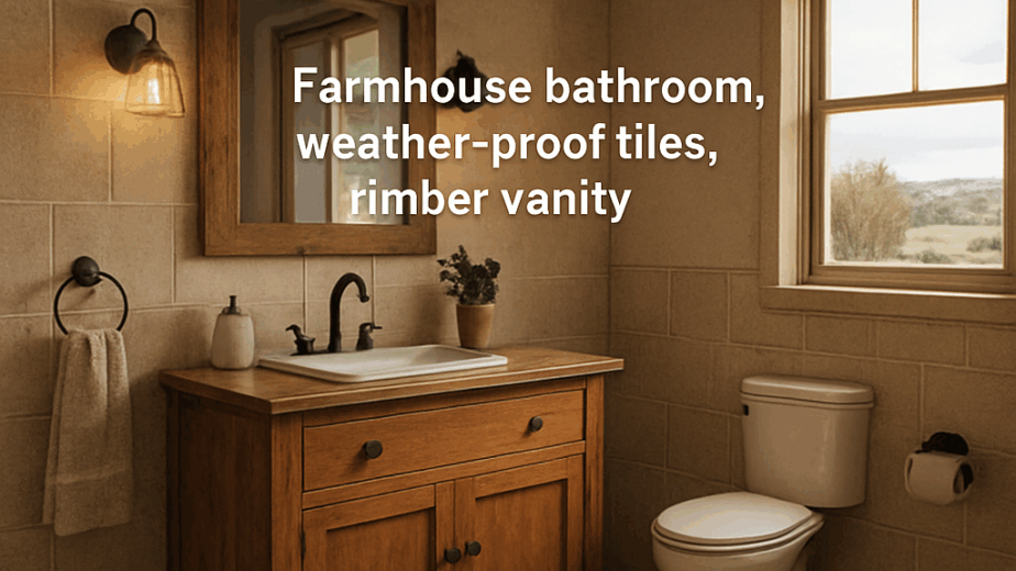 A rustic farmhouse bathroom with weather‑proof tiles and timber vanity. Alt: country bathroom renovations planning.