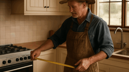 A farmer standing in a spacious country kitchen, measuring the distance between the stove and sink with a tape measure. Alt: Assessing current kitchen layout for country kitchen renovations