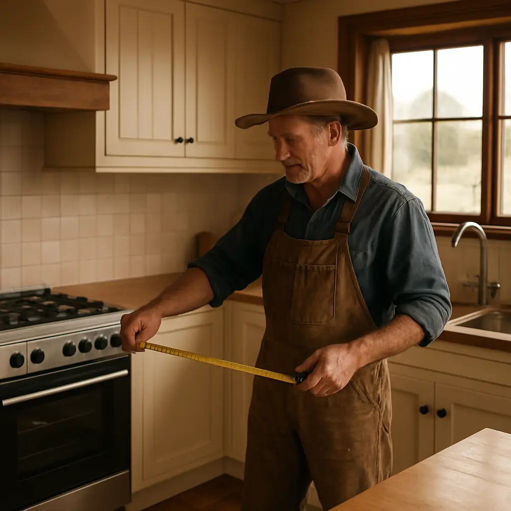 A farmer standing in a spacious country kitchen, measuring the distance between the stove and sink with a tape measure. Alt: Assessing current kitchen layout for country kitchen renovations