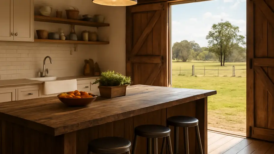 A spacious open‑plan farm kitchen with a reclaimed timber island, brushed steel stools, large sliding barn doors opening to a sunny paddock. Alt: Open‑plan farm kitchen layout with natural light and rustic finishes.