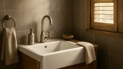 A warm farmhouse bathroom with matte grey tiles, a deep‑bowl sink, brushed‑nickel fixtures, and a wooden vanity, sunlight spilling in through a simple shutter. Alt: Farmhouse bathroom renovations featuring durable matte tiles and rustic fixtures.