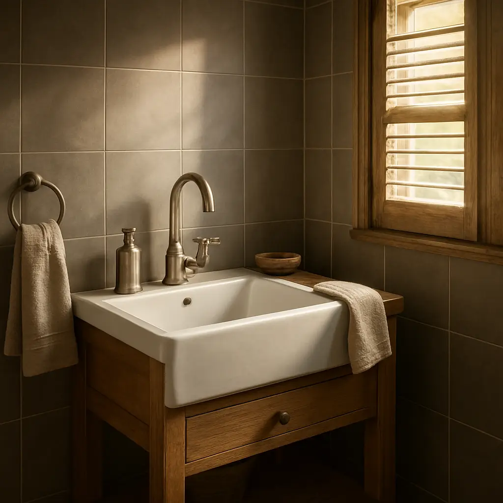 A warm farmhouse bathroom with matte grey tiles, a deep‑bowl sink, brushed‑nickel fixtures, and a wooden vanity, sunlight spilling in through a simple shutter. Alt: Farmhouse bathroom renovations featuring durable matte tiles and rustic fixtures.