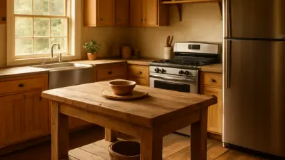 A warm, sunlit farmhouse kitchen with a sturdy timber island, reclaimed hardwood flooring, and a stainless‑steel prep bench, showing a clear workflow triangle of sink, stove, and fridge. Alt: farmhouse kitchen layout assessment with rustic details