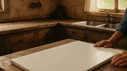 A rural kitchen with an old wooden benchtop showing cracks and a new quartz slab mock‑up laid out on a table. Alt: kitchen benchtop assessment and planning in Tamworth farm home