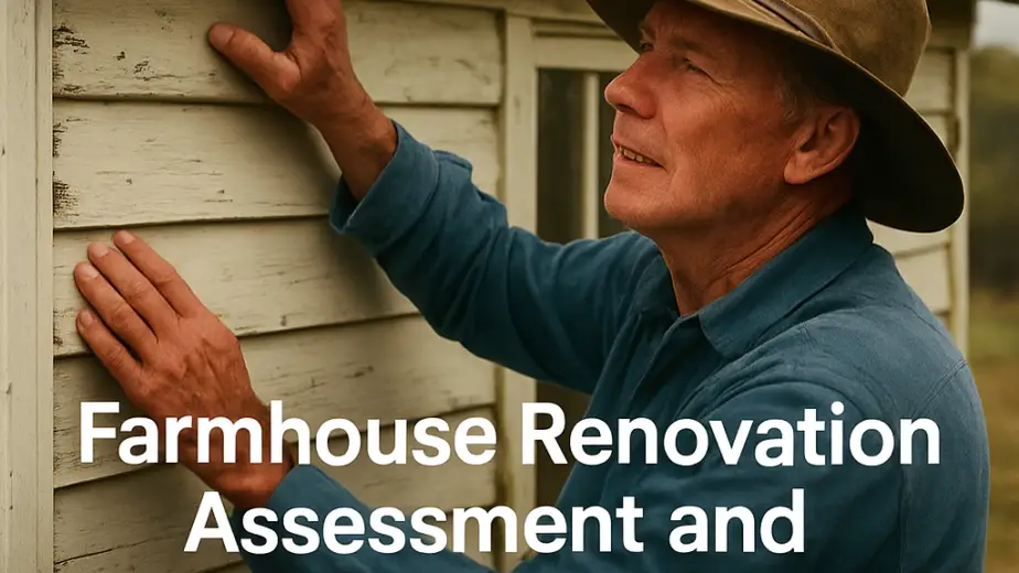 A seasoned builder in a wide-brim hat inspecting a weather‑worn farmhouse exterior, focusing on roof and cladding condition. Alt: farm house renovation assessment and budgeting guide
