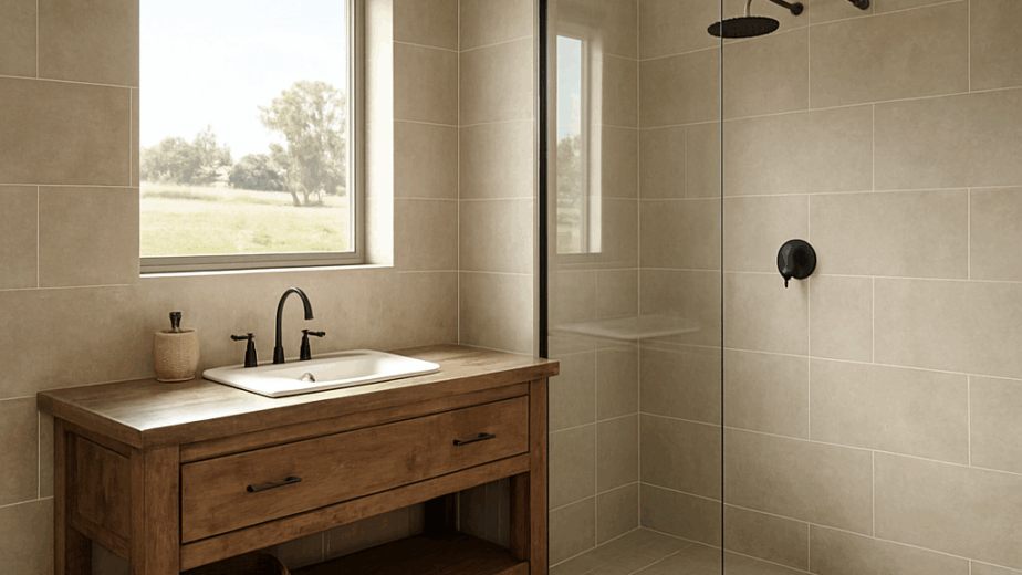 A modern rural bathroom with porcelain tiles, a sturdy timber vanity, and a walk‑in shower, bright natural light streaming in, showcasing durable finishes suitable for a farm property. Alt: Bathroom renovations Tamworth durable rural bathroom design
