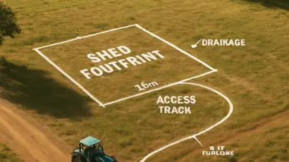 Aerial view of a rural paddock with marked shed footprint and access track. Alt: machinery shed plans site assessment, showing tractor turning circle and drainage notes.