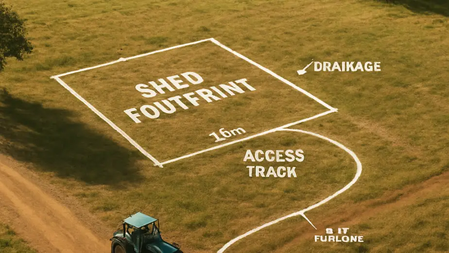 Aerial view of a rural paddock with marked shed footprint and access track. Alt: machinery shed plans site assessment, showing tractor turning circle and drainage notes.