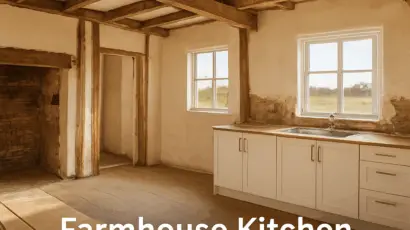 A wide‑angle view of a rural farmhouse with a partially renovated kitchen, showing exposed timber beams and a bright, open space. Alt: Rural renovation assessment of farmhouse kitchen NSW.