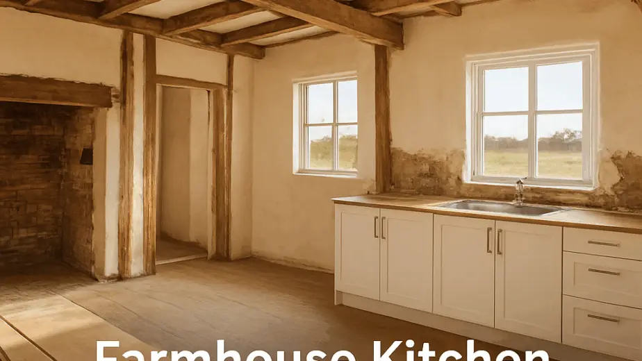 A wide‑angle view of a rural farmhouse with a partially renovated kitchen, showing exposed timber beams and a bright, open space. Alt: Rural renovation assessment of farmhouse kitchen NSW.