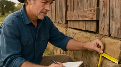 A detailed illustration of a farmer examining an old barn’s foundation with a notebook and measuring tape. Alt: barn conversion cost assessment and budgeting guide
