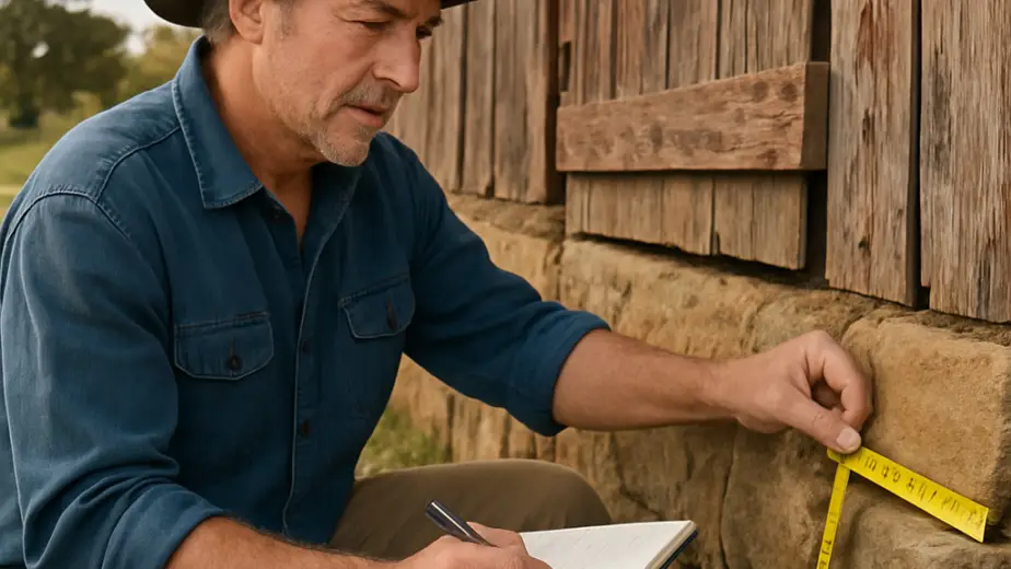 A detailed illustration of a farmer examining an old barn’s foundation with a notebook and measuring tape. Alt: barn conversion cost assessment and budgeting guide