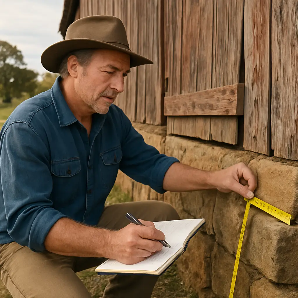 A detailed illustration of a farmer examining an old barn’s foundation with a notebook and measuring tape. Alt: barn conversion cost assessment and budgeting guide