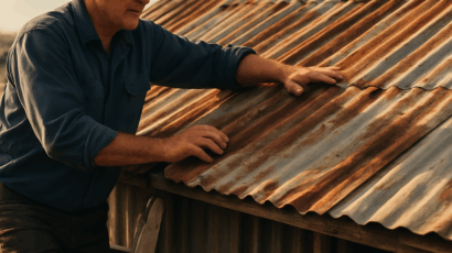 A farmer standing on a ladder inspecting a corrugated metal shed roof, sunlight highlighting rust patches and sagging panels. Alt: Assessing shed roof condition for repair cost evaluation.