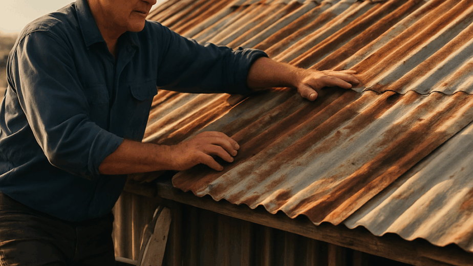 A farmer standing on a ladder inspecting a corrugated metal shed roof, sunlight highlighting rust patches and sagging panels. Alt: Assessing shed roof condition for repair cost evaluation.