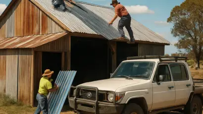 A rustic Australian farm shed under a bright sky, workers installing a new steel roof with a 4×4 vehicle parked nearby. Alt: Shed roof replacement cost, rural NSW, farm building renovation.